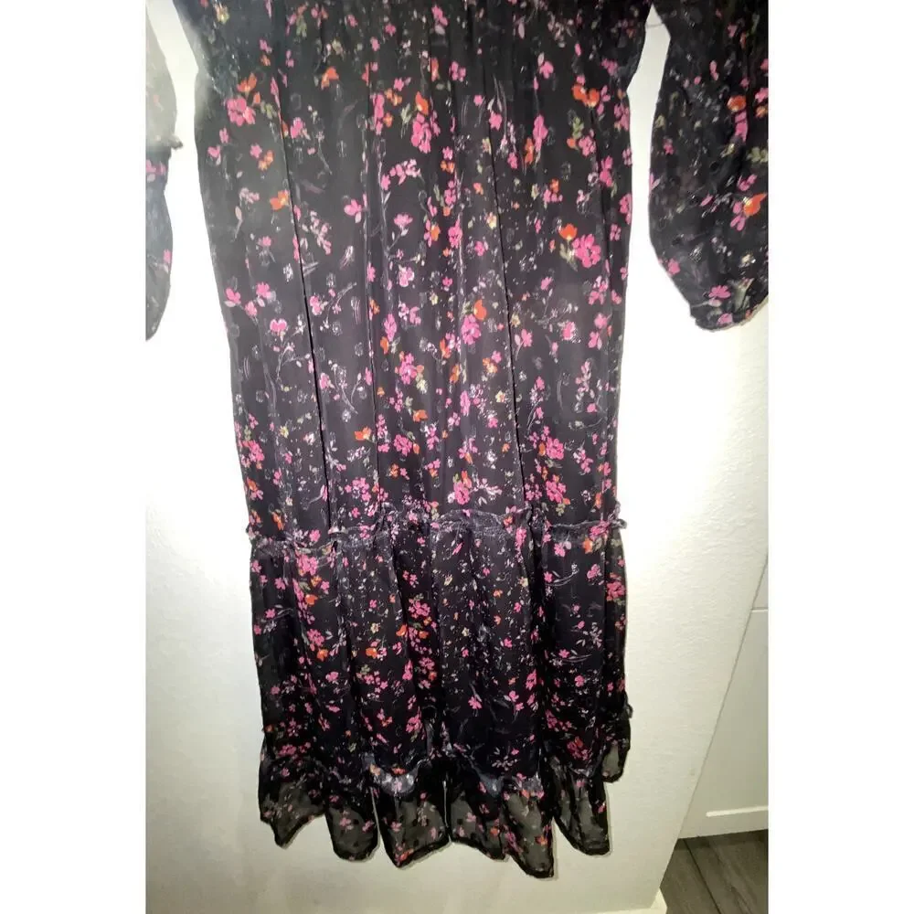 AQUA Womens Black Floral Sheer Tiered Midi Dress Size Small